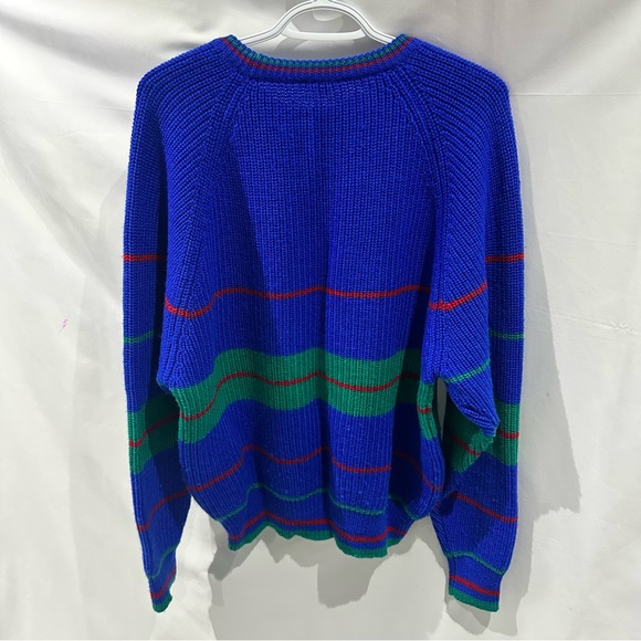 Vintage Ribbed Knit Sweater Blue Green Red Striped Crewneck 90s Y2K - Picture 9 of 9